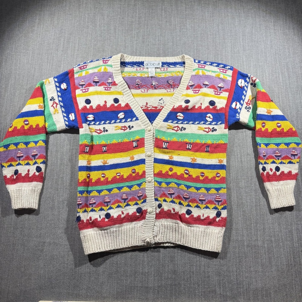 Accento Sweater‎ Womens Large Multicolor Knit Button Cardigan Ugly Graphic